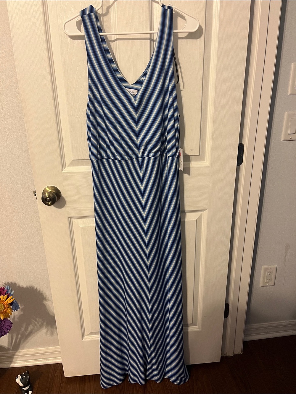 Calvin Klein Blue & White Striped V-Neck Dress